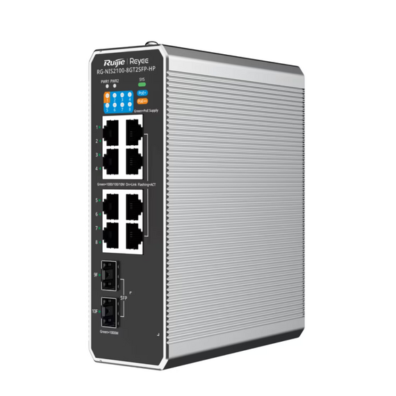 Ruijie RG-NIS2100-8GT2SFP-HP 10-Port Cloud Managed Industrial Gigabit PoE++ Swit...